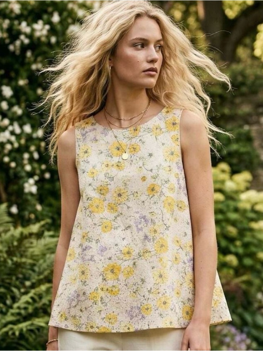 LOFT Floral Eyelet Tiered Back Sleeveless Top, Size M